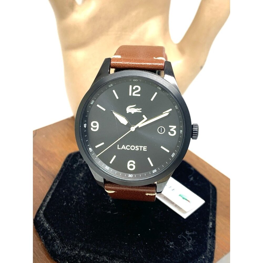 Lacoste Men's Watch 2011106 Traveler Quartz Black Dial Brown Leather Band 43mm